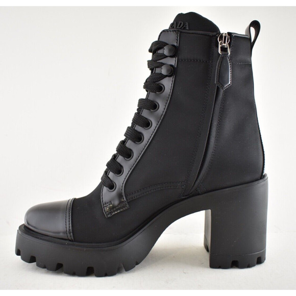 Prada 55MM Logo Lug Sole Platform Black Re-Nylon Leather Ankle Heel Boot 37.5 - Picture 11 of 15
